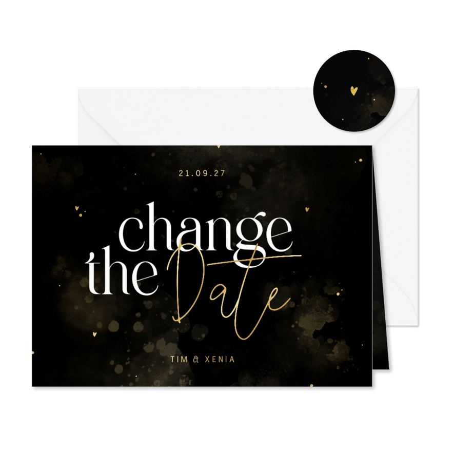 Change-the-Date Karte Hochzeitstermin schwarz-gold - Karteneindruck