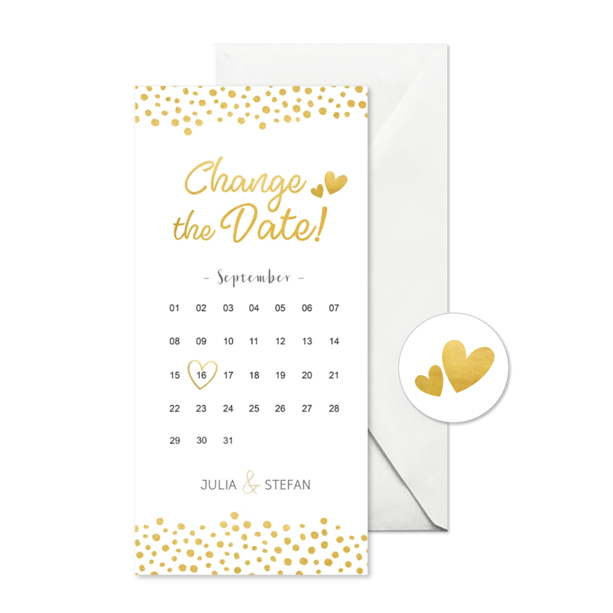 Change-the-Date-Karte mit Kalender und goldenen Herzen - Karteneindruck
