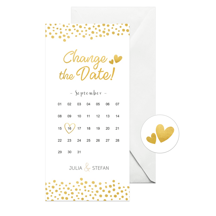 Change-the-Date-Karte mit Kalender und goldenen Herzen - Karteneindruck
