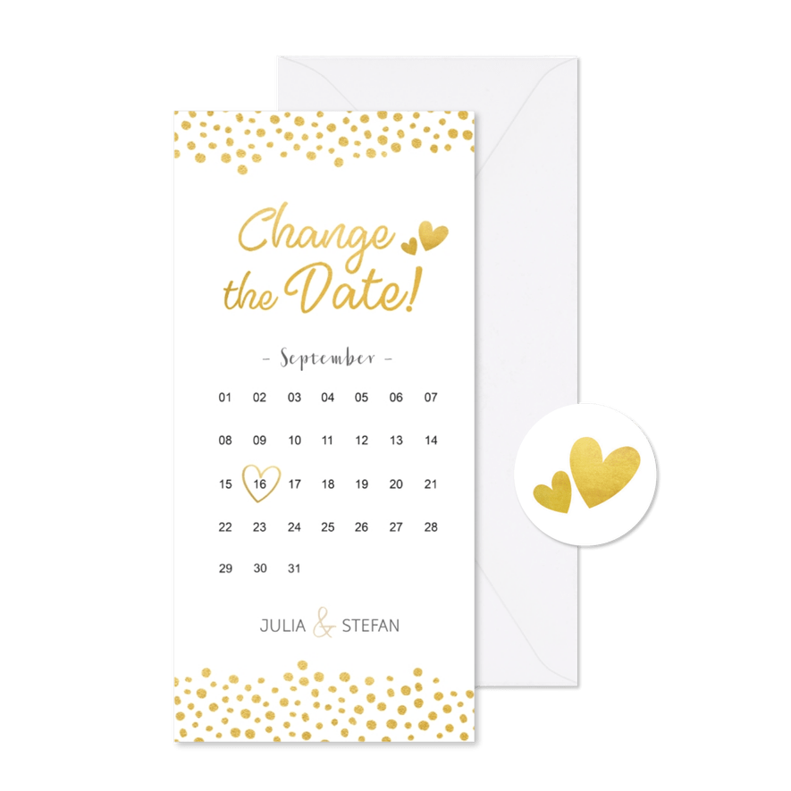 Change-the-Date-Karte mit Kalender und goldenen Herzen - Karteneindruck
