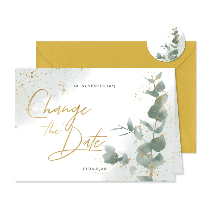 Change-the-date-Karte zur Hochzeit Eukalyptus - Karteneindruck