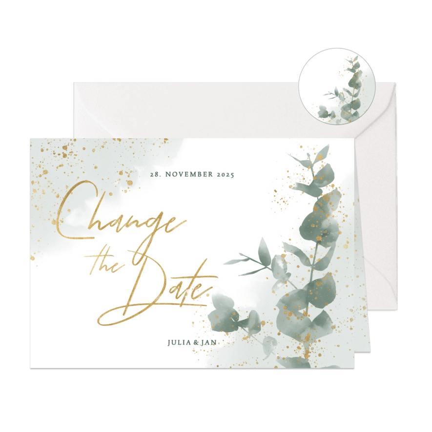 Change-the-date-Karte zur Hochzeit Eukalyptus - Karteneindruck
