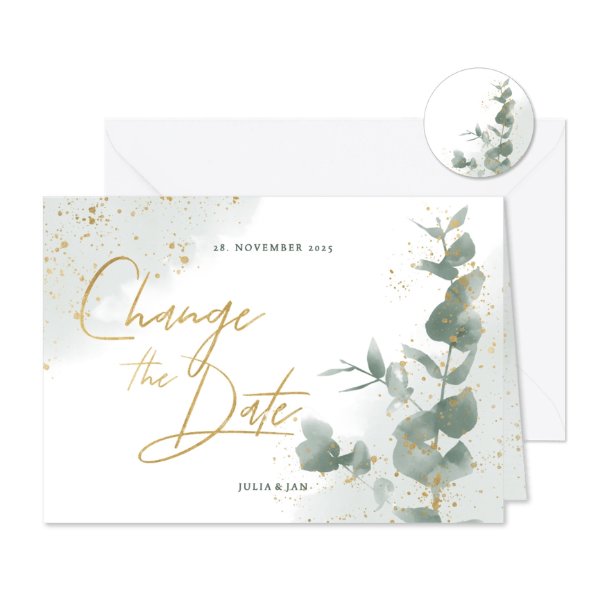 Change-the-date-Karte zur Hochzeit Eukalyptus - Karteneindruck
