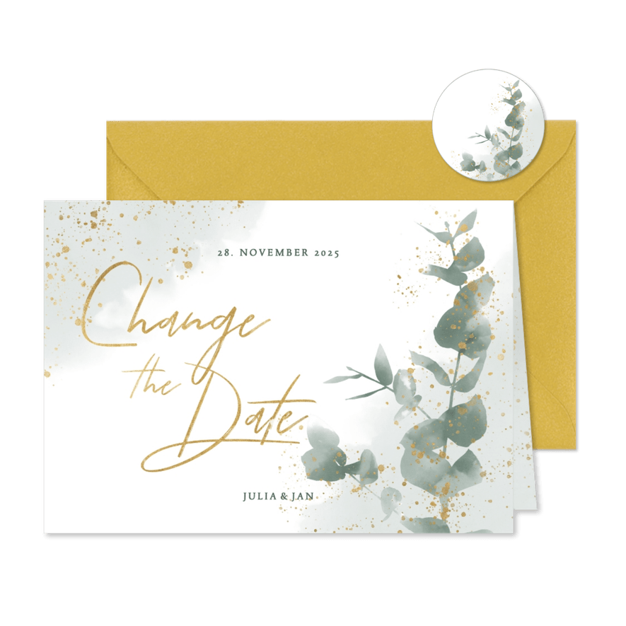 Change-the-date-Karte zur Hochzeit Eukalyptus - Karteneindruck
