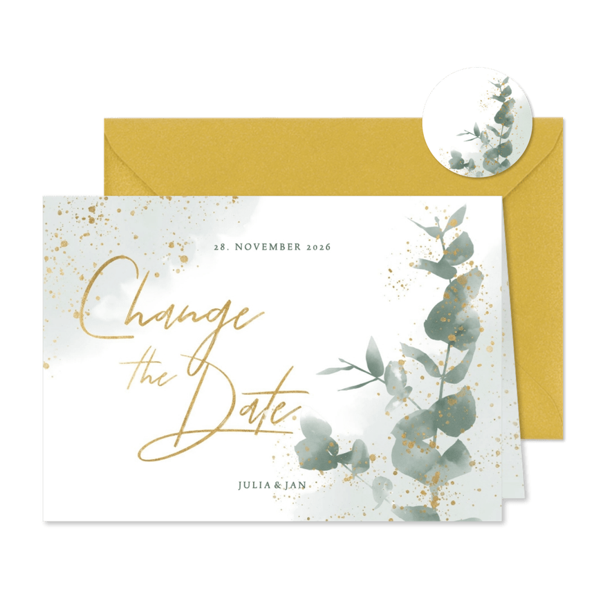 Change-the-date-Karte zur Hochzeit Eukalyptus - Karteneindruck
