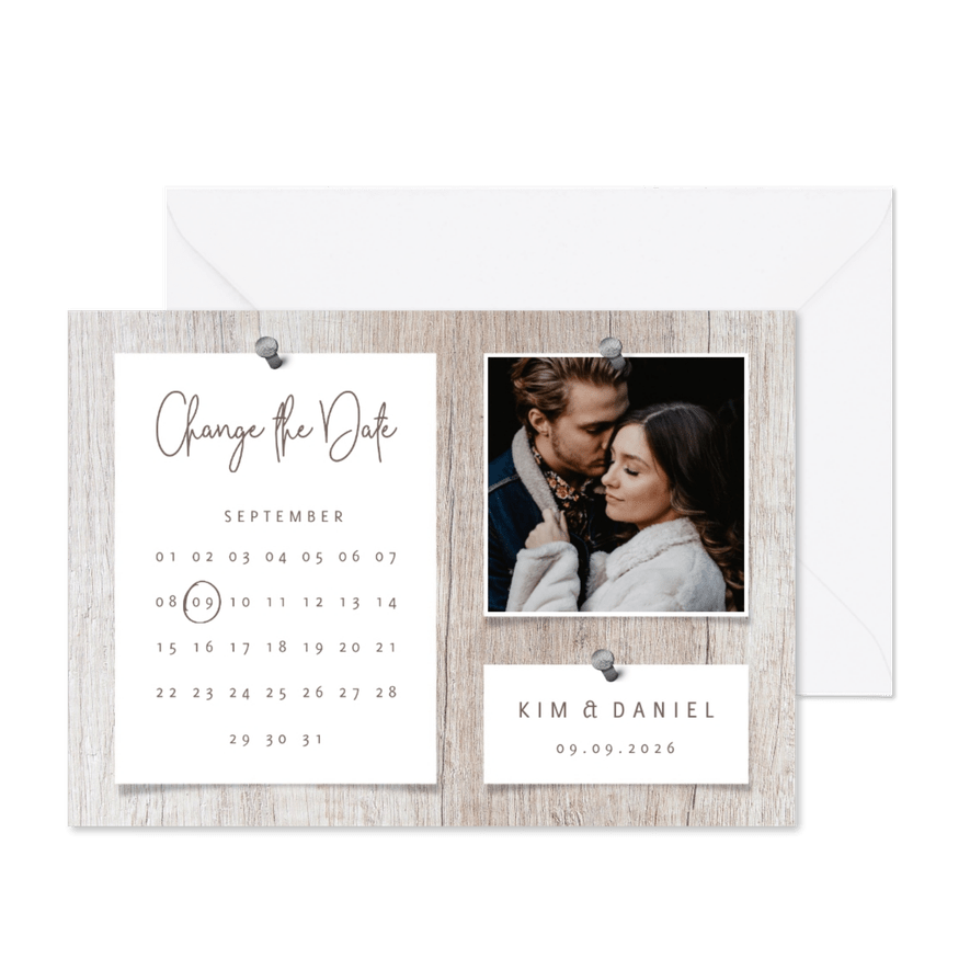 Change-the-Date-Karte zur Hochzeit Foto auf Holz - Kartenvorschau
