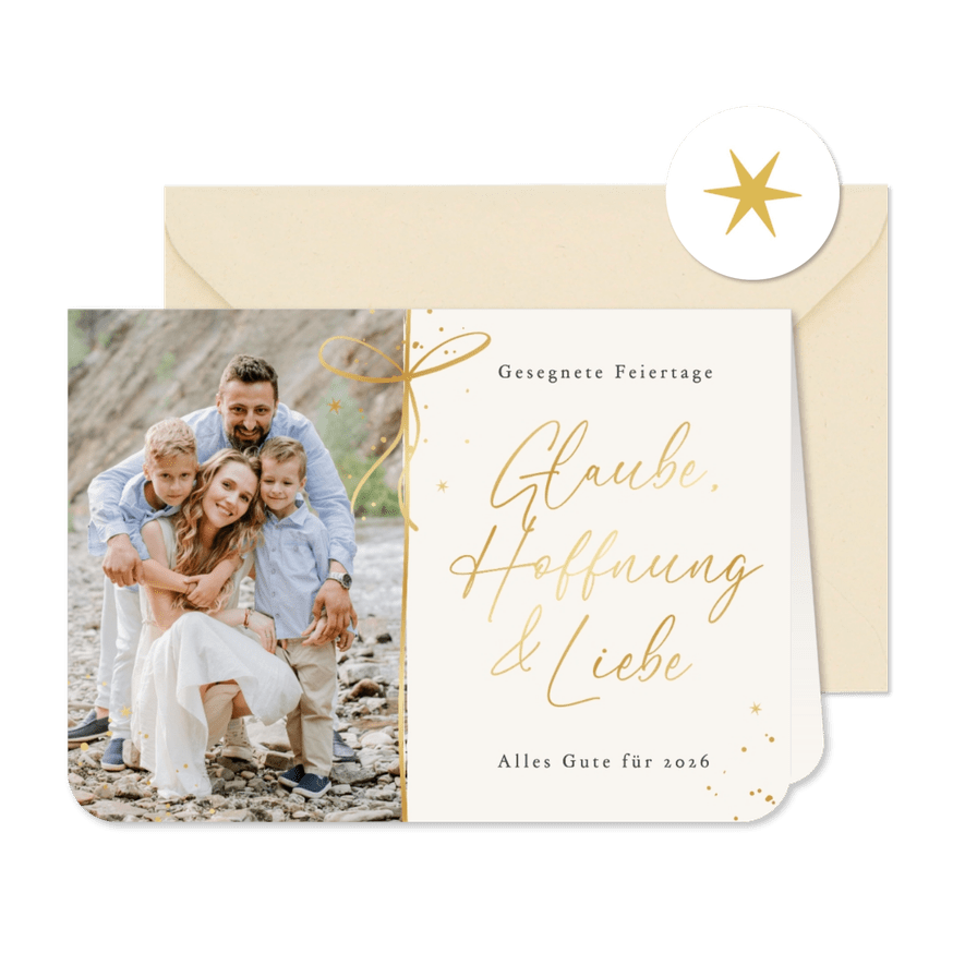 Christliche Foto-Weihnachtskarte goldene Schleife  - Karteneindruck

