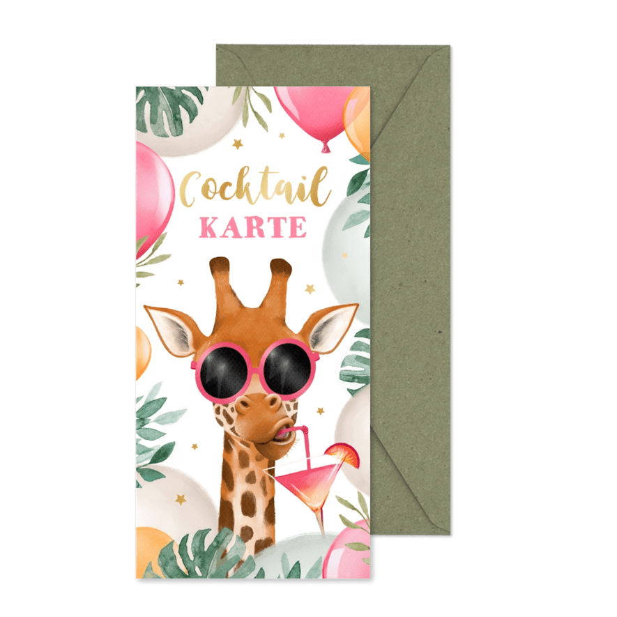 Cocktail-Karte Sommer Giraffe Luftballons  - Karteneindruck
