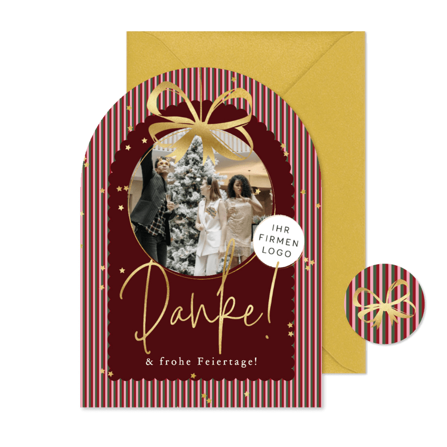 Danke Foto-Weihnachtskarte Bogenform mit Logo Schleife - Karteneindruck
