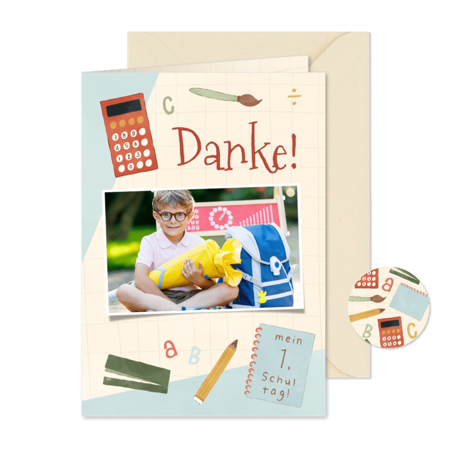 Dankeschönkarte Einschulung Foto & Schulsachen - Karteneindruck