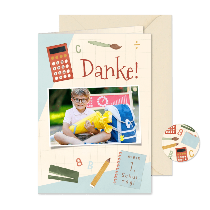 Dankeschönkarte Einschulung Foto & Schulsachen - Kartenvorschau
