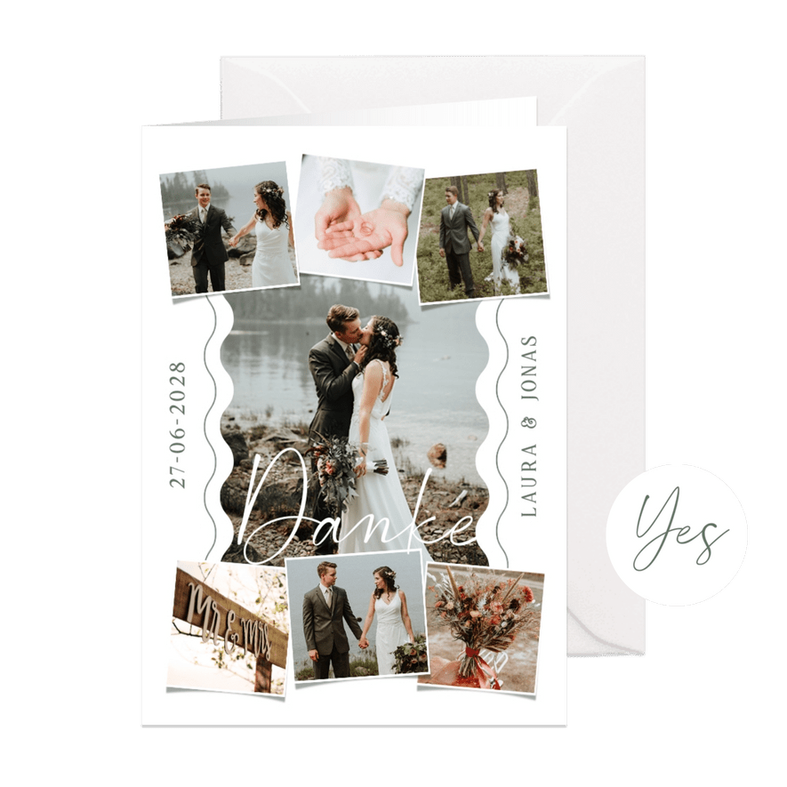 Dankeschönkarte Hochzeit Fotocollage & Wellenlinien - Karteneindruck
