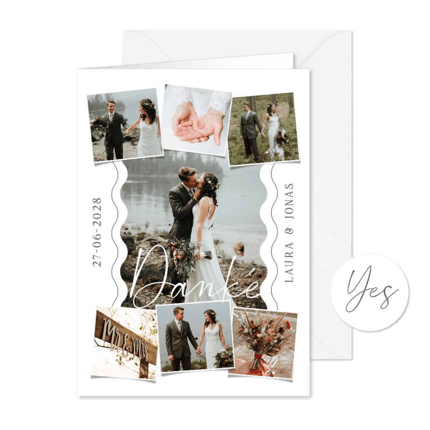Dankeschönkarte Hochzeit Fotocollage & Wellenlinien - Karteneindruck