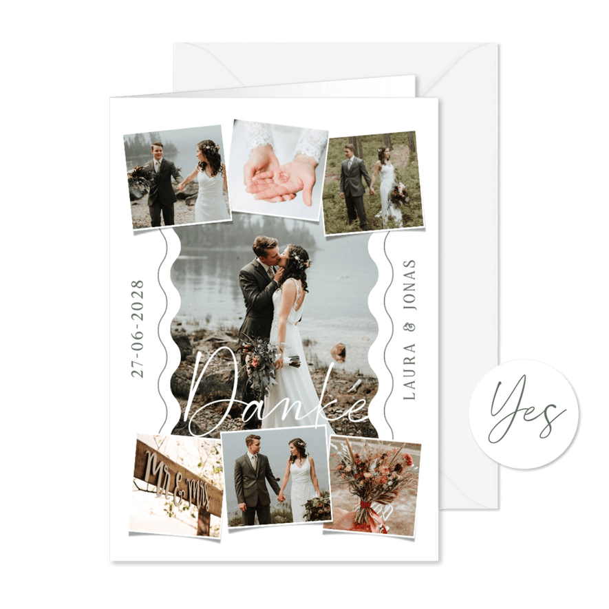 Dankeschönkarte Hochzeit Fotocollage & Wellenlinien - Kartenvorschau

