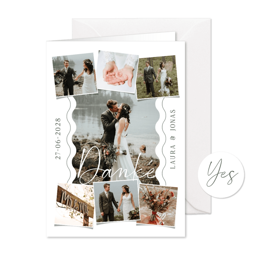 Dankeschönkarte Hochzeit Fotocollage & Wellenlinien - Karteneindruck
