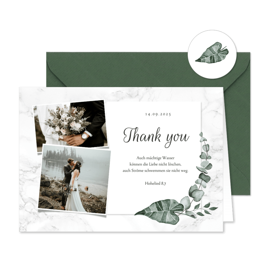 Dankeschönkarte Hochzeit Fotos, Marmor & Botanik - Karteneindruck