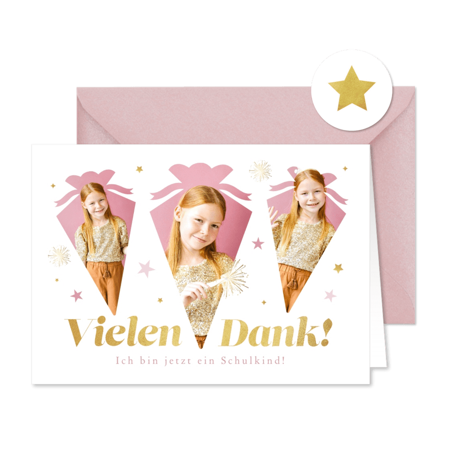 Dankeskarte 1. Schultag Fotos in Schultütenform - Karteneindruck
