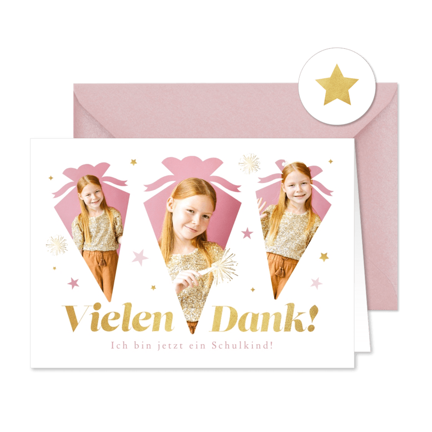 Dankeskarte 1. Schultag Fotos in Schultütenform - Karteneindruck