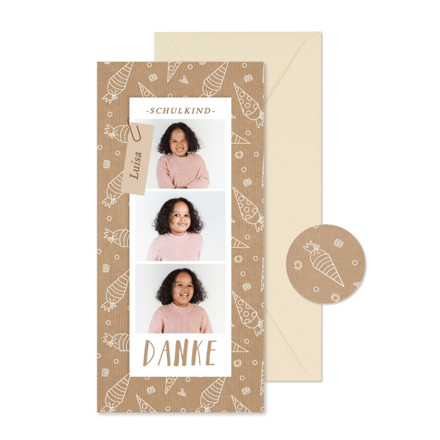 Dankeskarte 1. Schultag Schultüten Kraftpapierlook - Karteneindruck