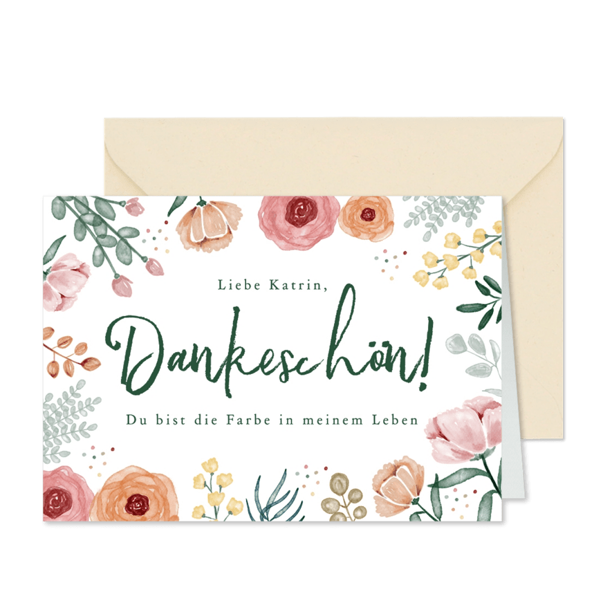 Dankeskarte Aquarell Blumen Farbe im Leben - Karteneindruck