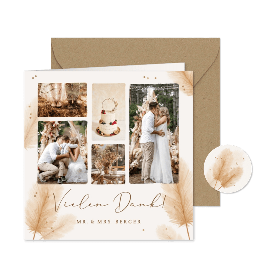 Dankeskarte Boho-Hochzeit Pampasgras Fotocollage - Karteneindruck
