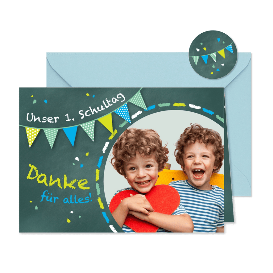 Dankeskarte Einladung grünblau Zwilling Schultafel & Foto - Karteneindruck