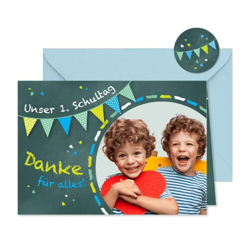 Dankeskarte Einladung grünblau Zwilling Schultafel & Foto - Karteneindruck