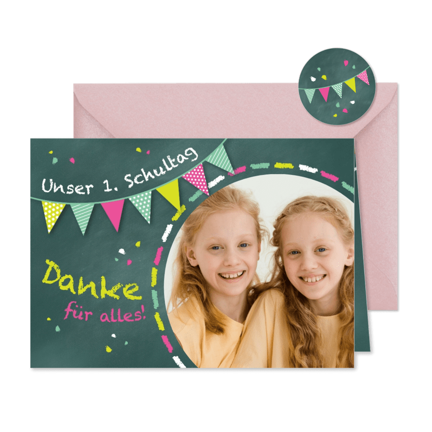 Dankeskarte Einladung grünrosa Zwilling Schultafel & Foto - Karteneindruck