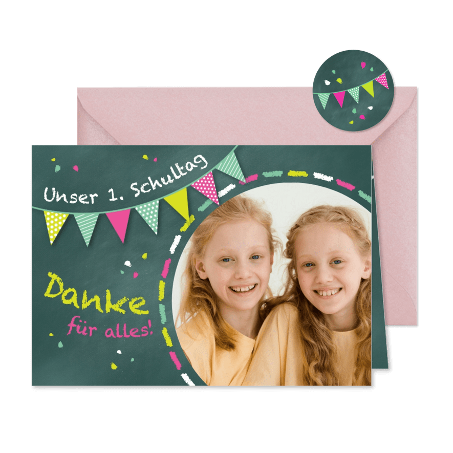 Dankeskarte Einladung grünrosa Zwilling Schultafel & Foto - Kartenvorschau
