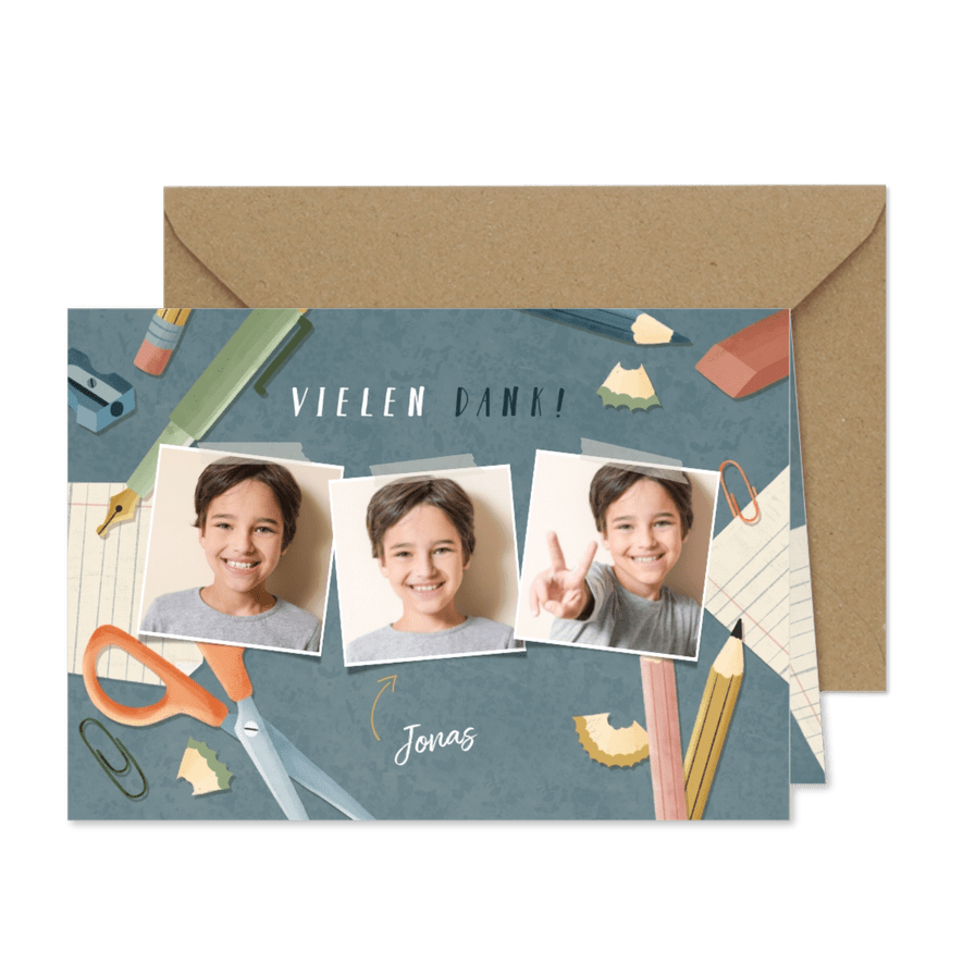 Dankeskarte Einschulung blau Fotos, Schere & Papier - Karteneindruck