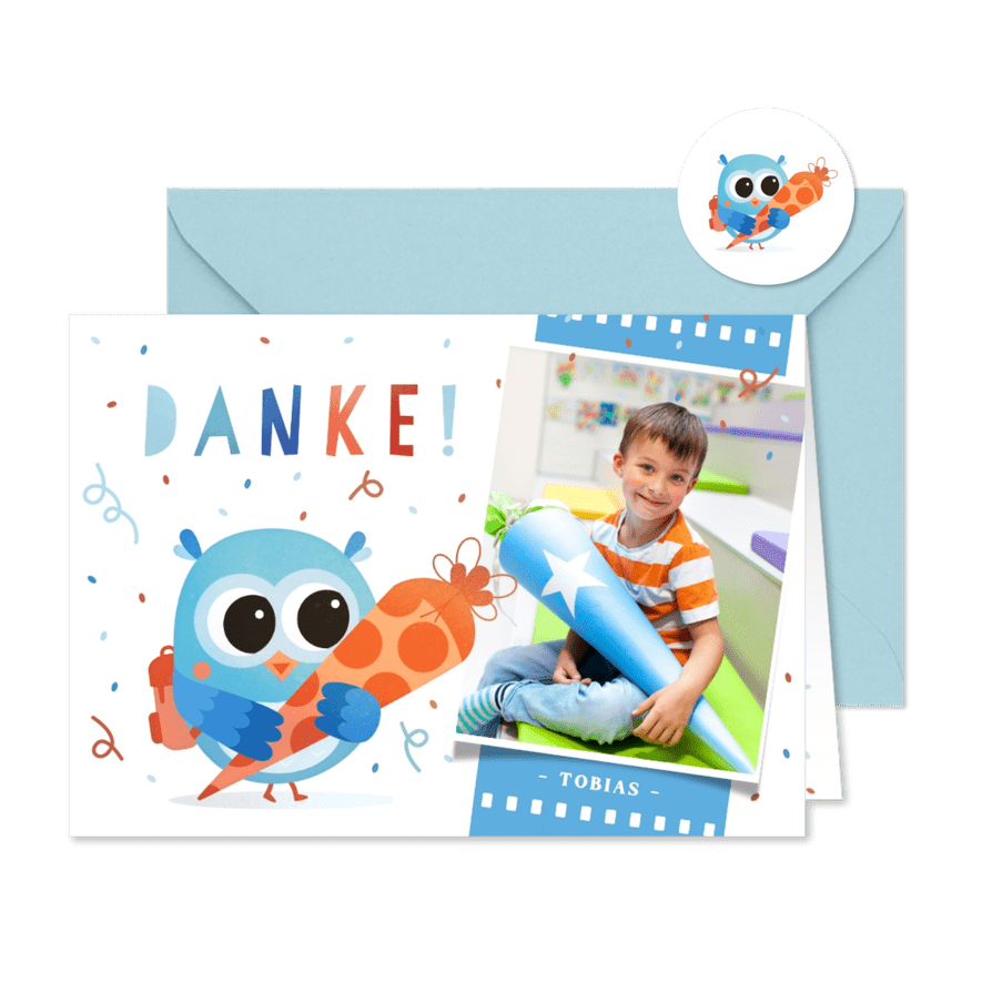 Dankeskarte Einschulung blaue Eule mit Schultüte - Kartenvorschau
