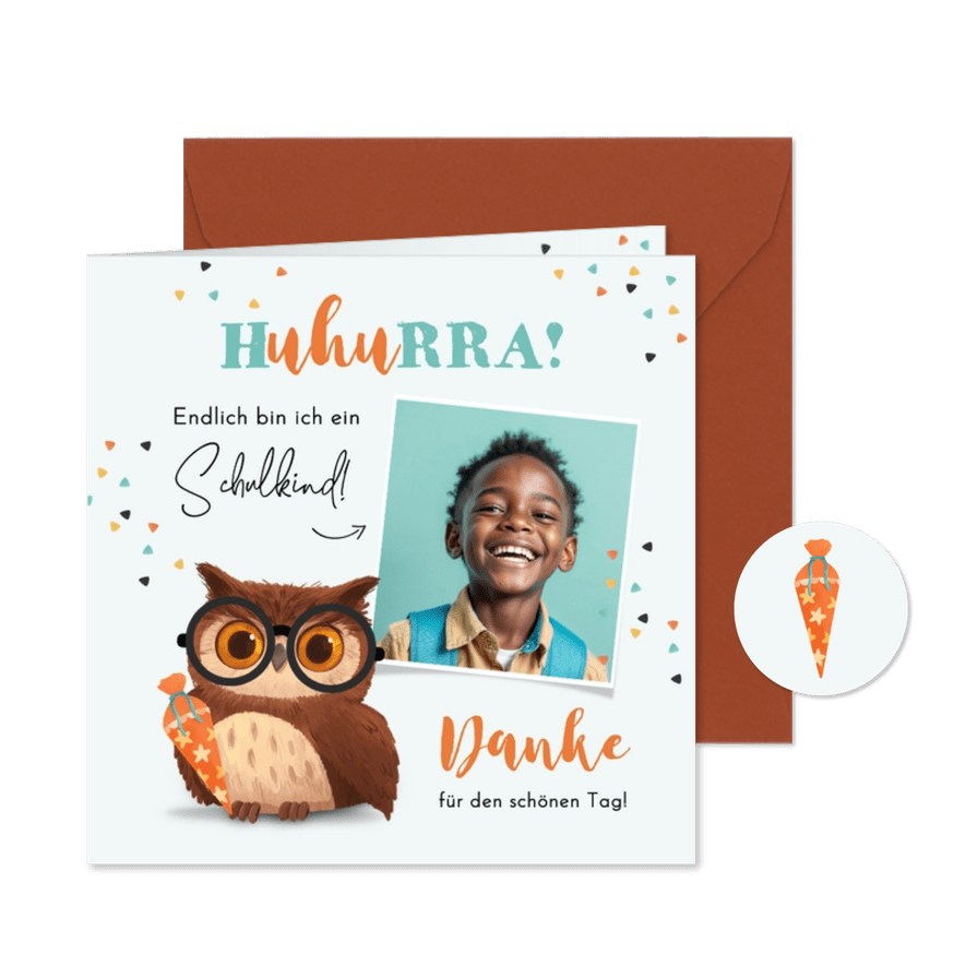 Dankeskarte Einschulung eigenes Foto & Uhu - Karteneindruck

