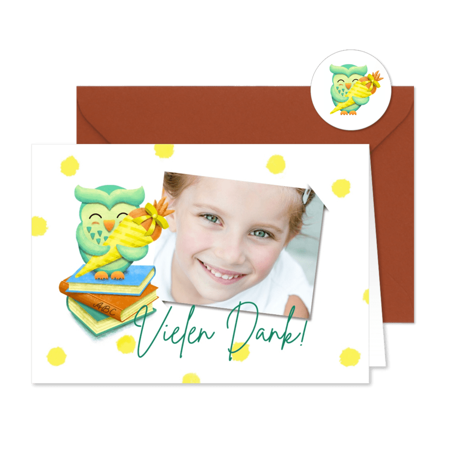 Dankeskarte Einschulung Foto & Eule - Karteneindruck