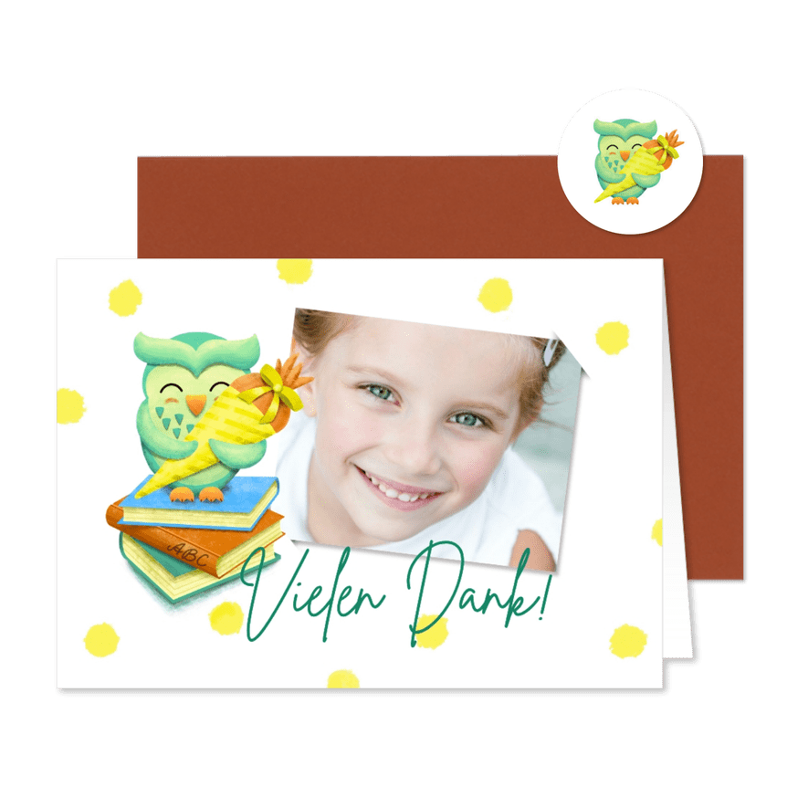 Dankeskarte Einschulung Foto & Eule - Kartenvorschau