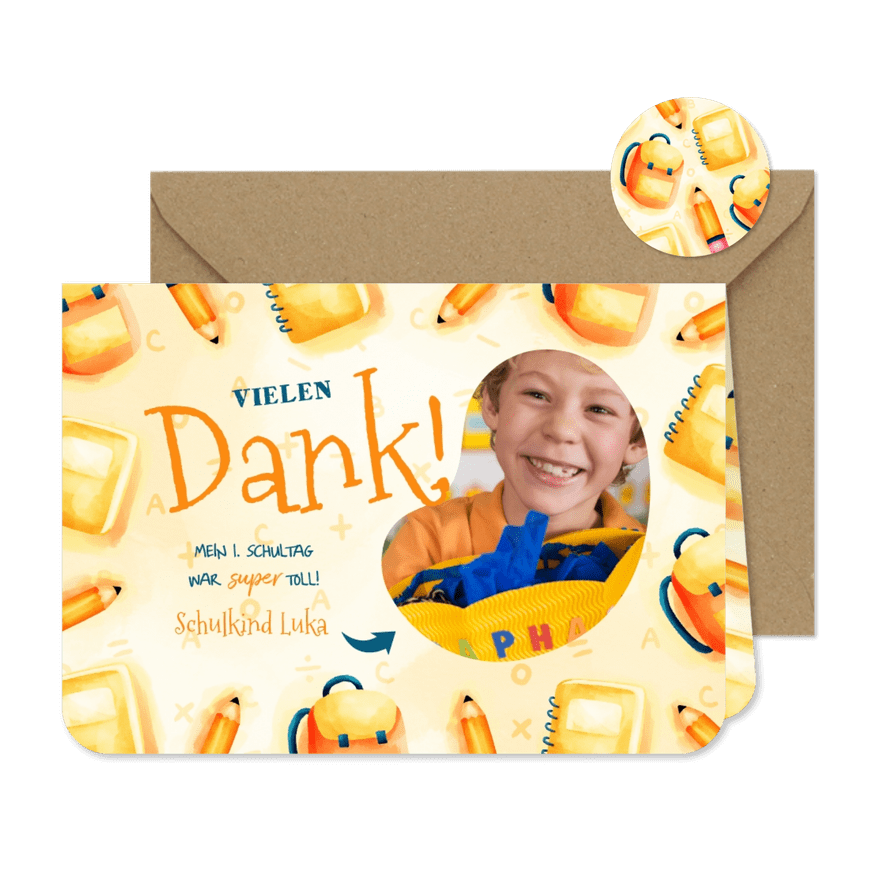Dankeskarte Einschulung Foto & gelbe Schulsachen - Karteneindruck