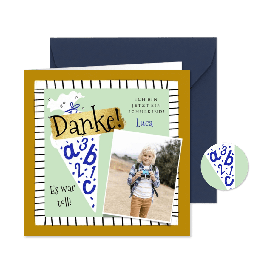 Dankeskarte Einschulung Foto & Schultüte - Karteneindruck