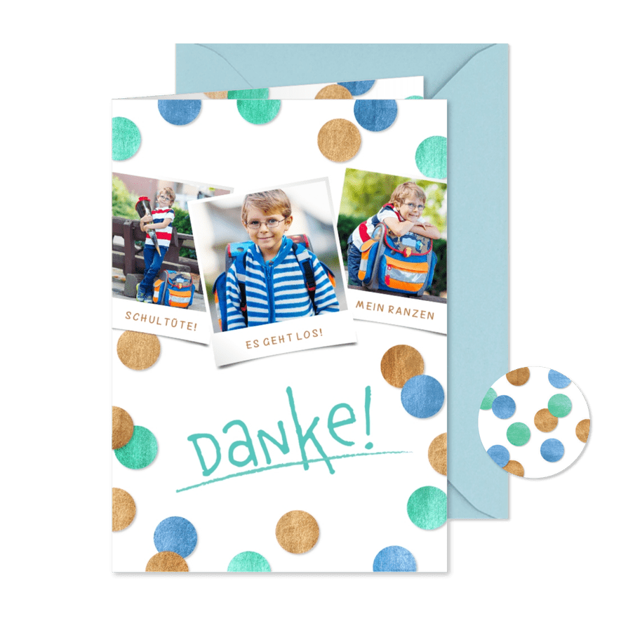 Dankeskarte Einschulung Fotocollage & Konfetti blau - Kartenvorschau