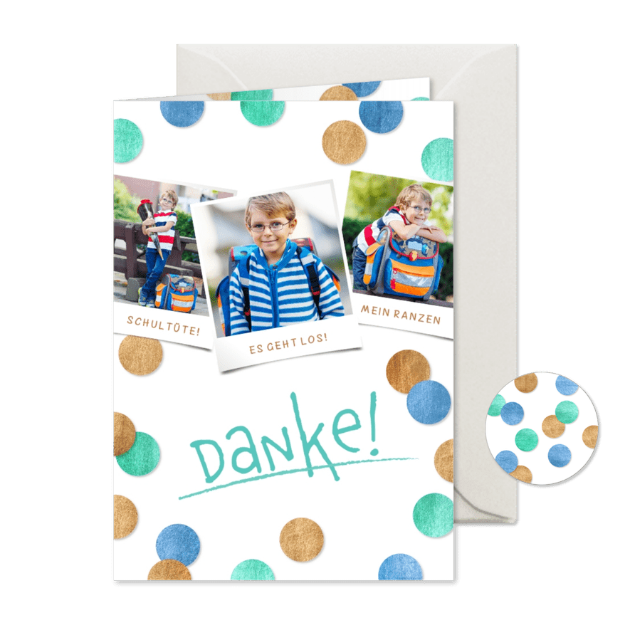 Dankeskarte Einschulung Fotocollage & Konfetti blau - Karteneindruck
