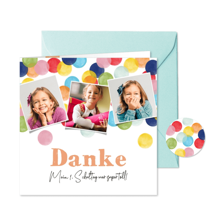 Dankeskarte Einschulung Fotos & bunte Konfetti - Karteneindruck
