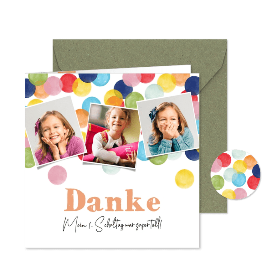 Dankeskarte Einschulung Fotos & bunte Konfetti - Karteneindruck