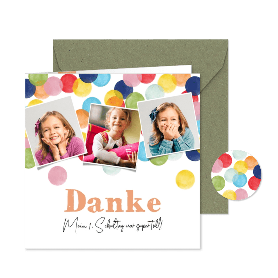 Dankeskarte Einschulung Fotos & bunte Konfetti - Karteneindruck
