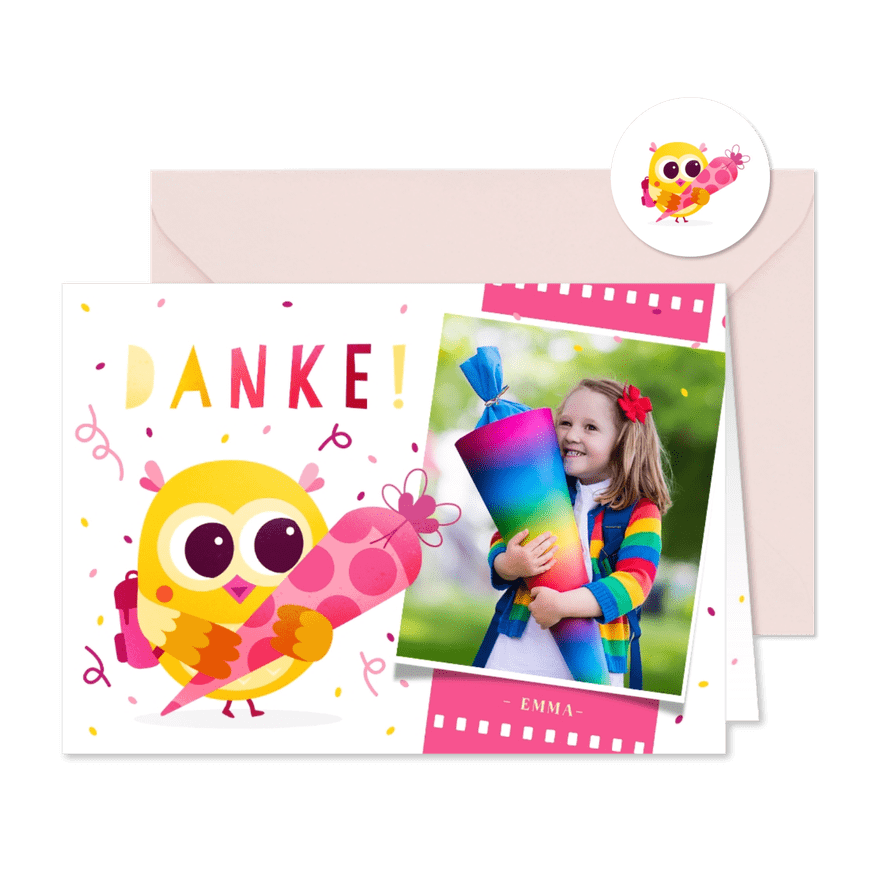 Dankeskarte Einschulung gelbe Eule mit Schultüte - Karteneindruck