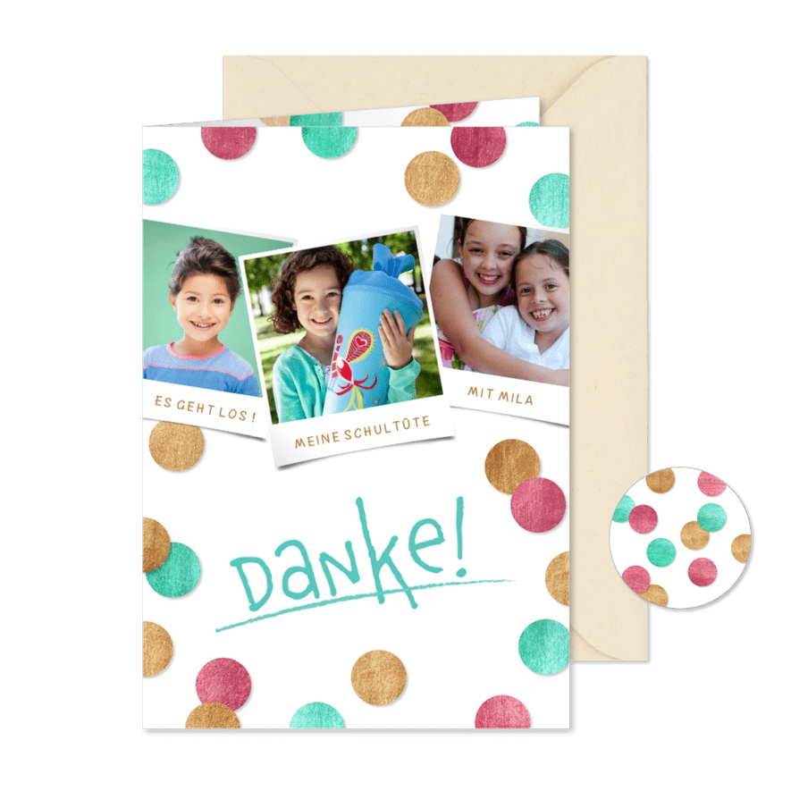 Dankeskarte Einschulung Konfetti & Fotocollage pink - Karteneindruck
