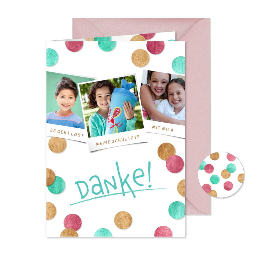Dankeskarte Einschulung Konfetti & Fotocollage pink - Karteneindruck
