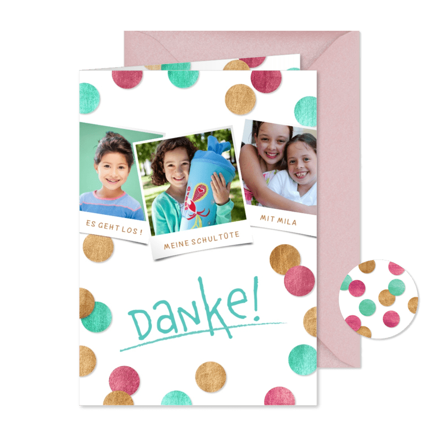 Dankeskarte Einschulung Konfetti & Fotocollage pink - Karteneindruck