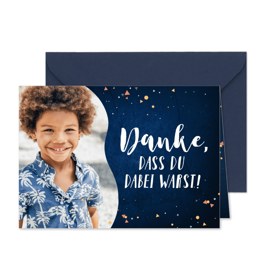 Dankeskarte Einschulung mit Foto und Konfetti - Karteneindruck