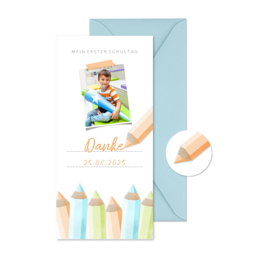 Dankeskarte Einschulung orange Buntstifte und eigenes Foto - Karteneindruck
