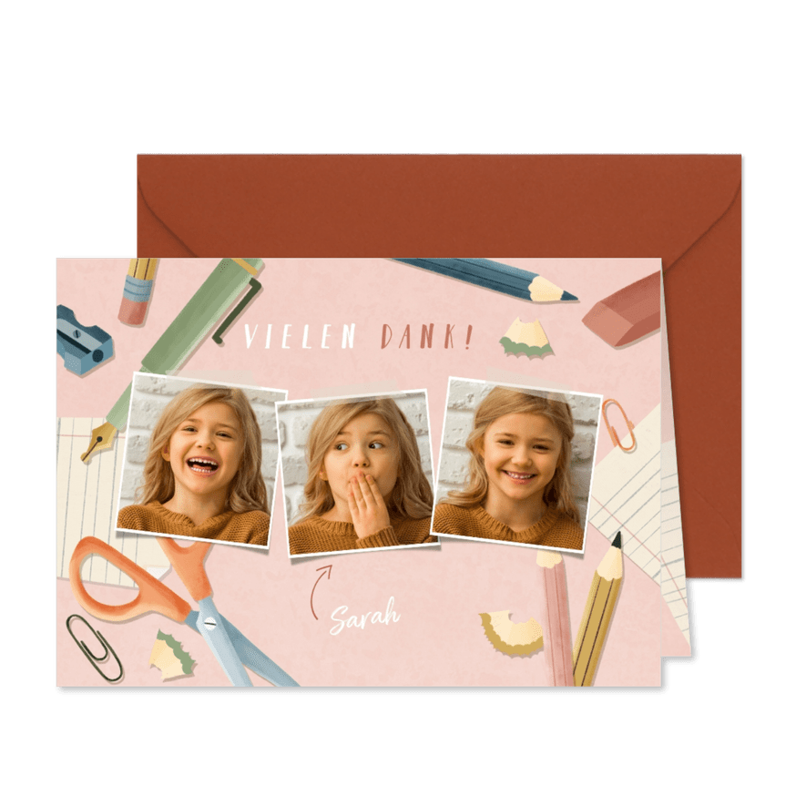 Dankeskarte Einschulung rosa Fotos, Schere & Papier - Karteneindruck