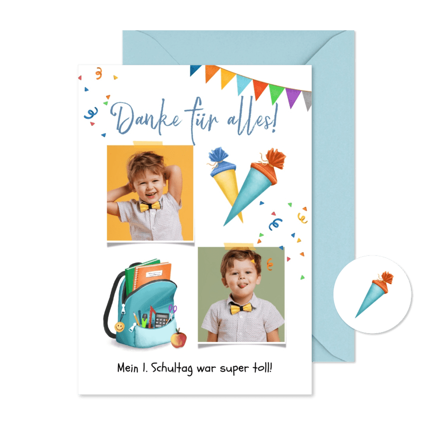 Dankeskarte Einschulung Rucksack blau & Fotos - Karteneindruck
