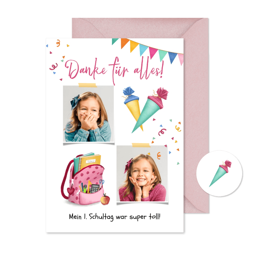 Dankeskarte Einschulung Rucksack pink & Fotos - Karteneindruck
